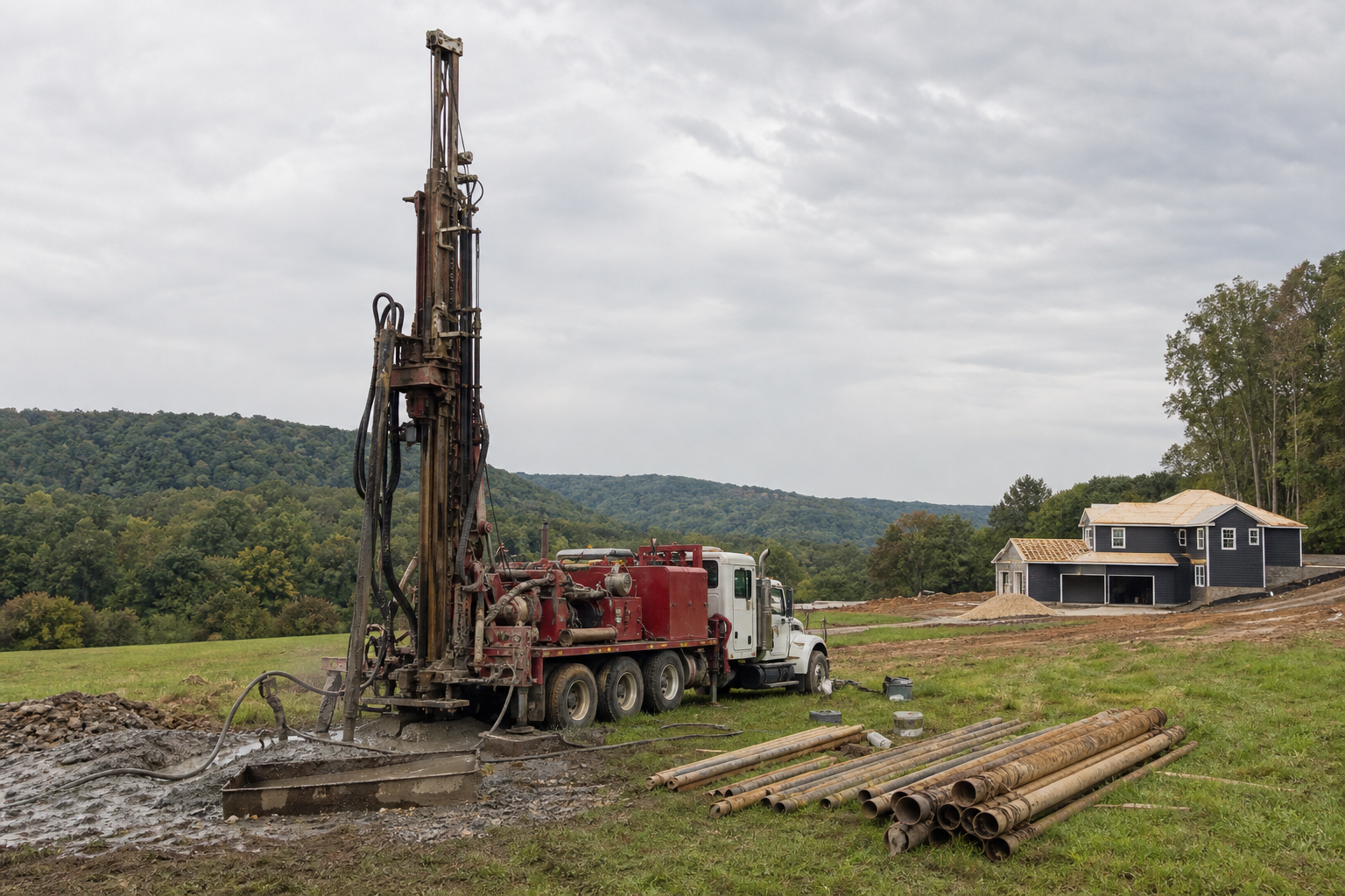 Well drilling rig on a Central Pennsylvania property, Walters Well Drilling Huntingdon County.