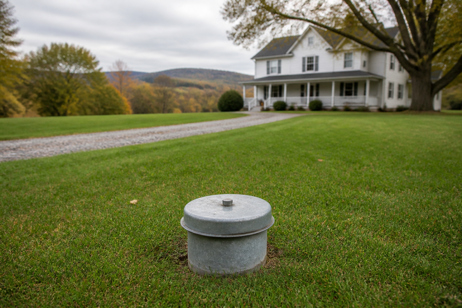 Residential wellhead in a rural Huntingdon County yard, Walters Well Drilling pump service.